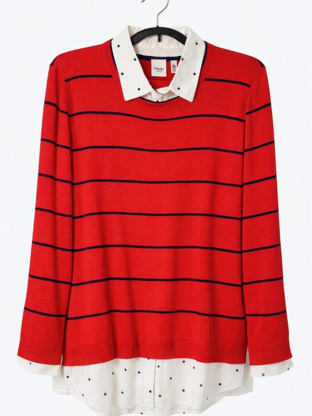 Rafaella XL 2-in-1 Layered Sweater Top Red Striped Polka Dot Collar